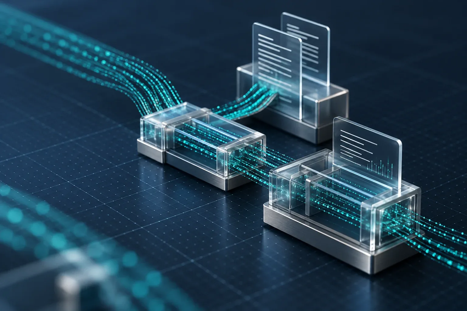 Teal data streams connect transparent source and processing modules on a deep-navy background.