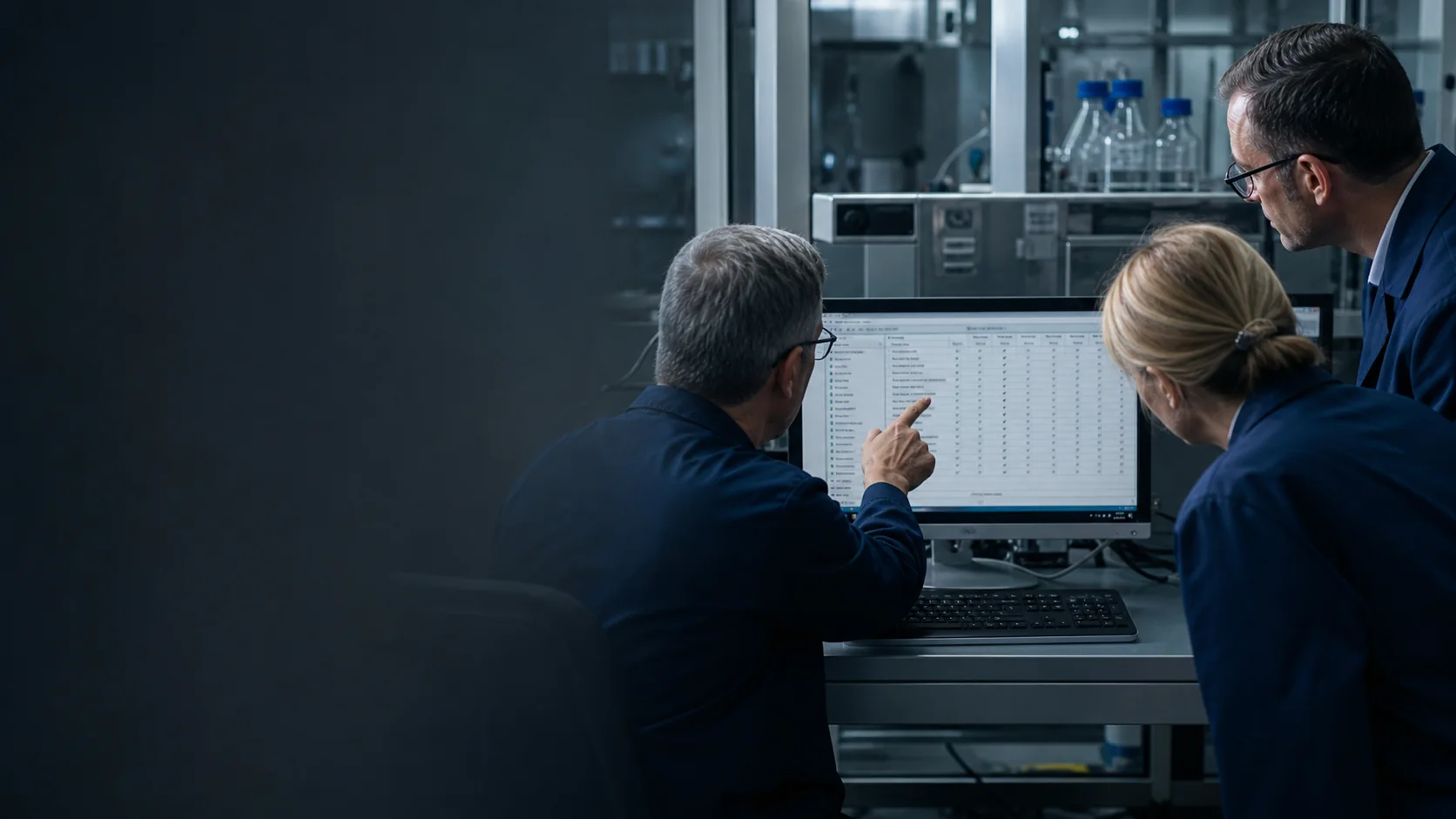 Drei Fachpersonen prüfen gemeinsam Traceability und Validierungsnachweise eines computergestützten Systems