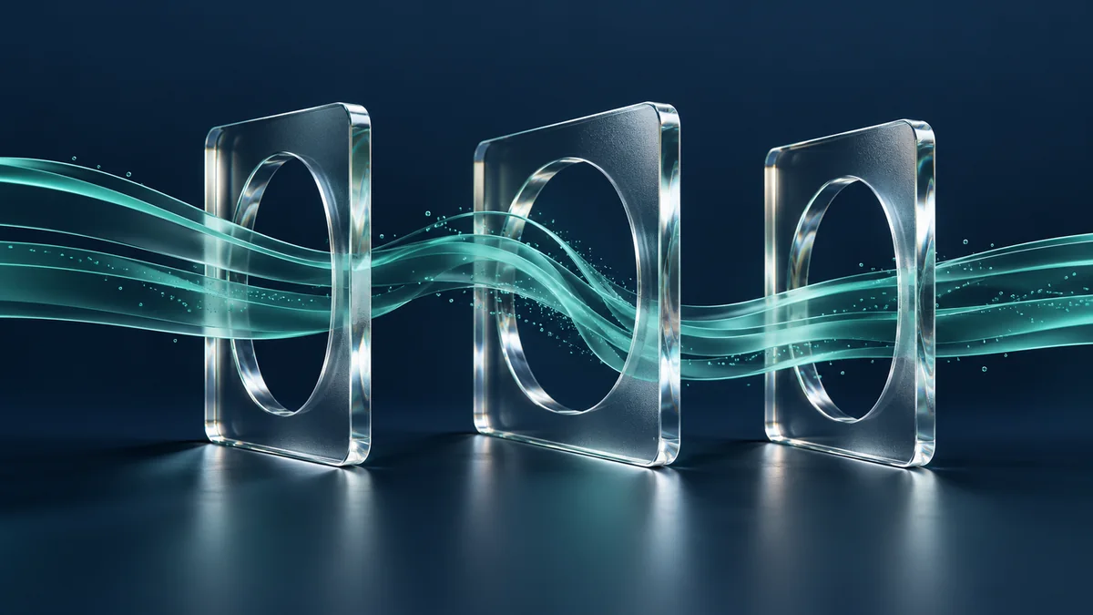 Abstract illustration: Teal paths pass through several glass frames and change direction.