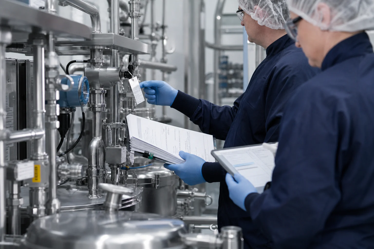 Fachpersonen gleichen Qualifizierungsunterlagen direkt an einer pharmazeutischen Produktionsanlage ab