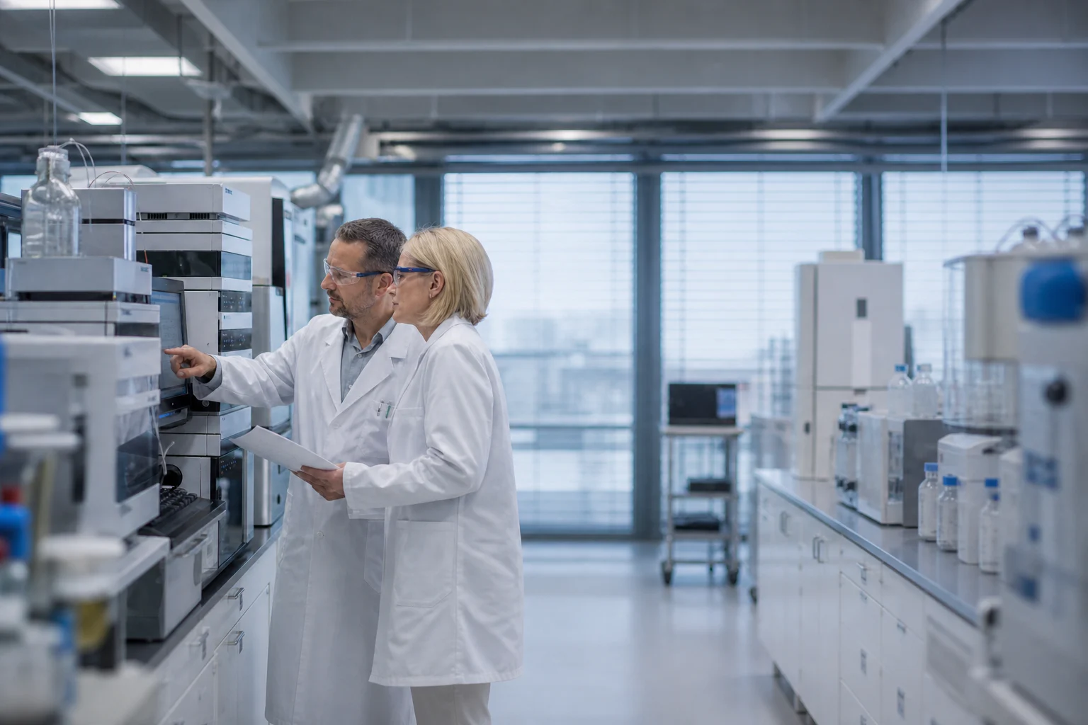 Fachpersonen prüfen gemeinsam ein Laboranalysesystem im pharmazeutischen Qualitätskontrolllabor