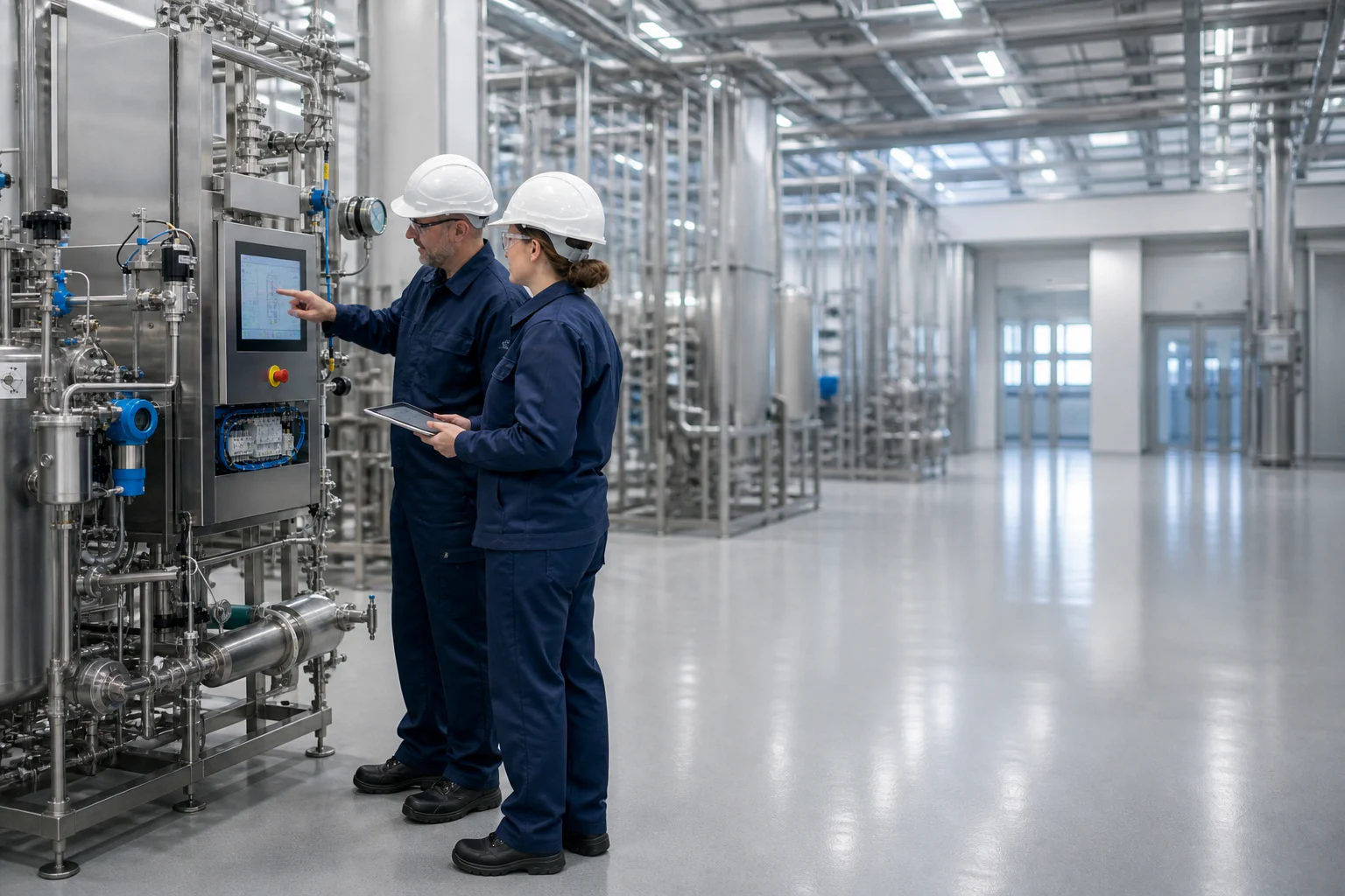 Fachpersonen bewerten ein computergestütztes System direkt an einer pharmazeutischen Produktionsanlage