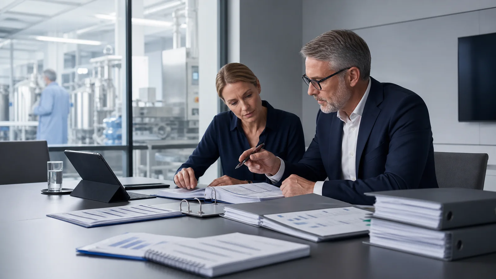 Illustrative scene: Two specialists review documents against the original records.